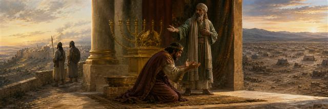 Hezekiah kneeling in the temple while Isaiah speaks and the Assyrian camp stands silent